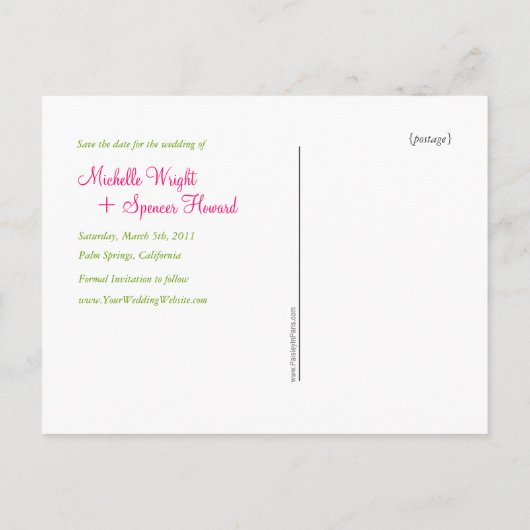 Chartreuse und rosa Blüten speichern Daten Ankündigungspostkarte (Rückseite)