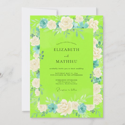 Chartreuse Weiße Rose Hochzeit Einladung (Vorderseite)