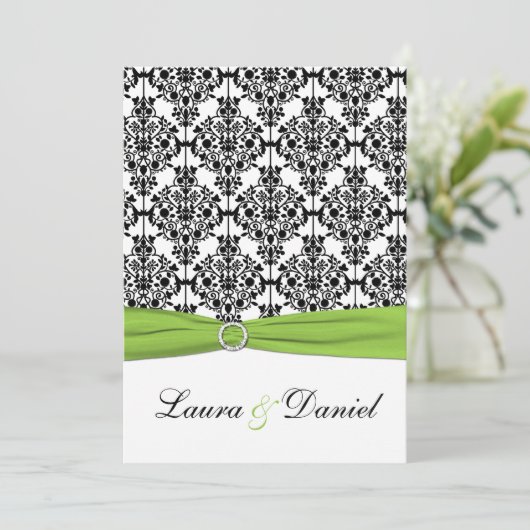 Chartreuse, White, Black Damask Einladung (Stehend Vorderseite)