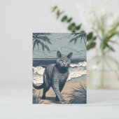Chartreux-Cat an einem tropischen Strand bei Sonne Postkarte (Stehend Vorderseite)