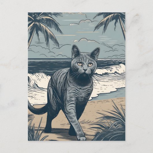 Chartreux-Cat an einem tropischen Strand bei Sonne Postkarte (Vorderseite)