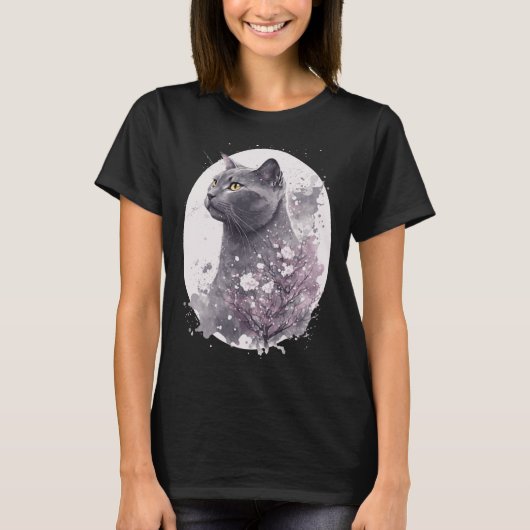 Chartreux Cat Japanese Cherry Blossom Floral Sakur T-Shirt (Vorderseite)