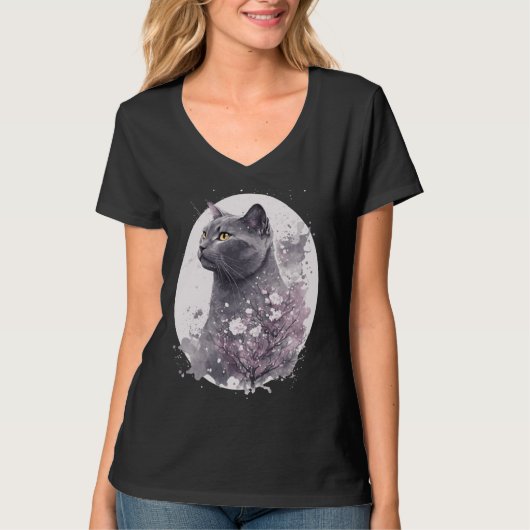 Chartreux Cat Japanese Cherry Blossom Floral Sakur T-Shirt (Vorderseite)