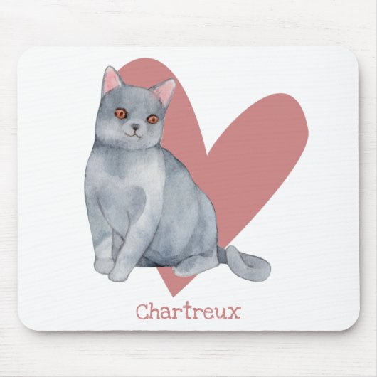 Chartreux Cat Watercolor Kitty Pink Herz Mousepad (Vorne)