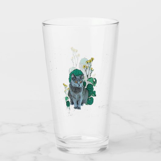 Chartreux Katze mit gelber Blume Glas (Rückseite)