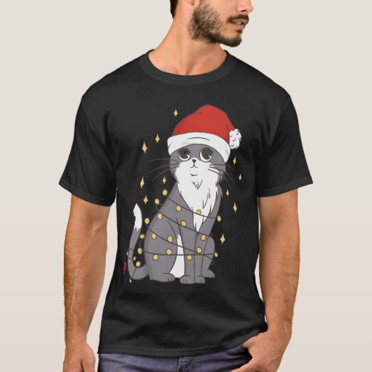 Chat Christmas Hat Christmas Lights Cat Christmas T-Shirt (Vorderseite)