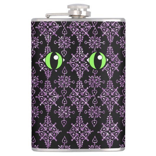 Chat Eyes Lila Damask Vinyl Wrapped Flask Flachmann (Vorderseite)