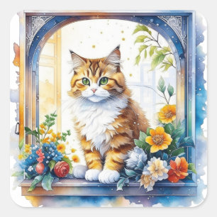 Chat im Fenster mit Blume Quadratischer Aufkleber