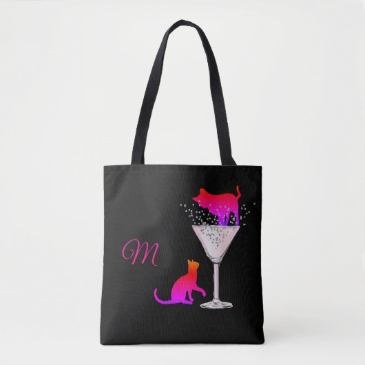 Chat Lover Black Cocktail Pink Modernes Monogramm Tasche (Vorderseite)