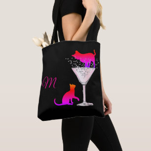 Chat Lover Black Cocktail Pink Modernes Monogramm Tasche