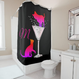Chat Lovers Pink Black Modern Monogram Duschvorhang