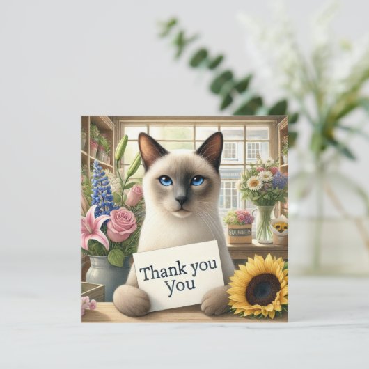 Chat mit Blume mit Dankeschön-Karte (Stehend Vorderseite)