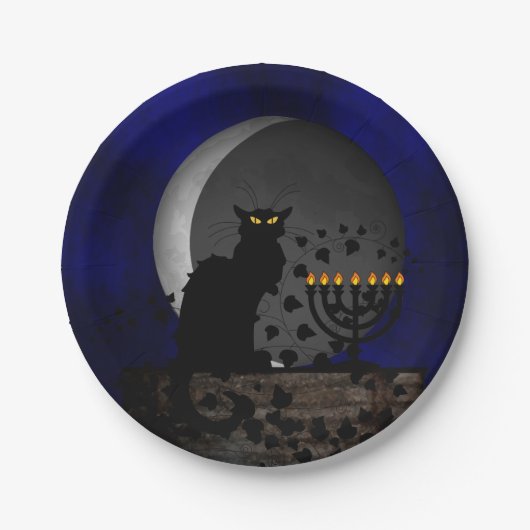 Chat Noir Chanukah mit Menorah Pappteller (Vorderseite)