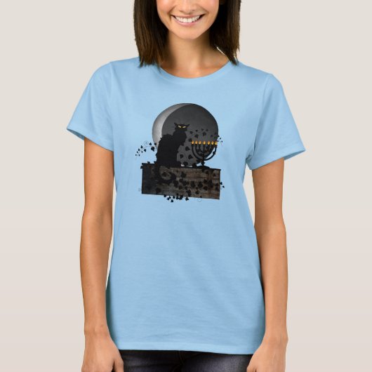 Chat Noir Chanukah mit Menorah T-Shirt (Vorderseite)