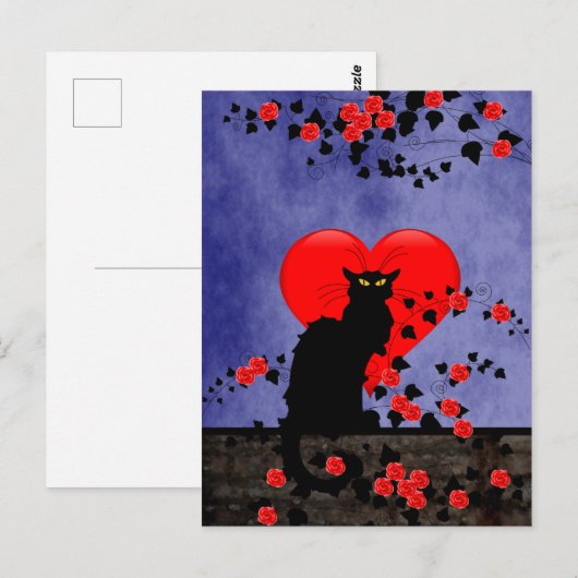 Chat Noir mit Rote Rosen Postkarte (Vorne/Hinten)