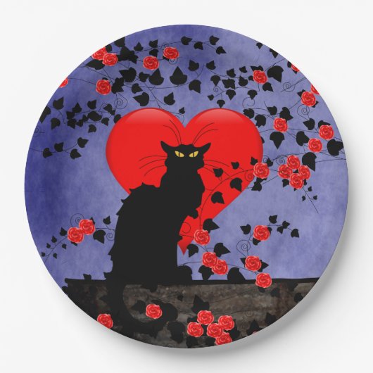 Chat Noir mit roten Rosen Pappteller (Vorderseite)