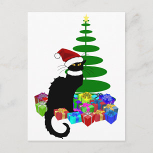 Chat Noir mit Weihnachtsbaum und Geschenken Feiertagspostkarte