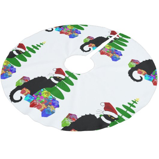 Chat Noir mit Weihnachtsbaum und Geschenken Polyester Weihnachtsbaumdecke (Schrägansicht)