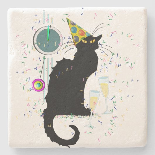 Chat Noir New Years Steinuntersetzer (Vorderseite)