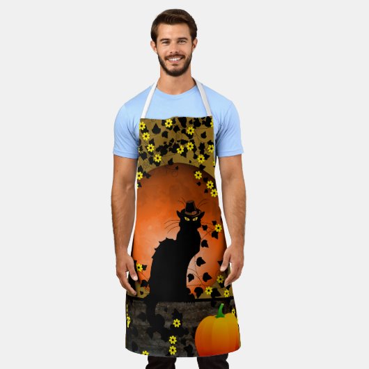 Chat Noir, Schwarze Katze, Kürbis Erntedank Schürze (Getragen)