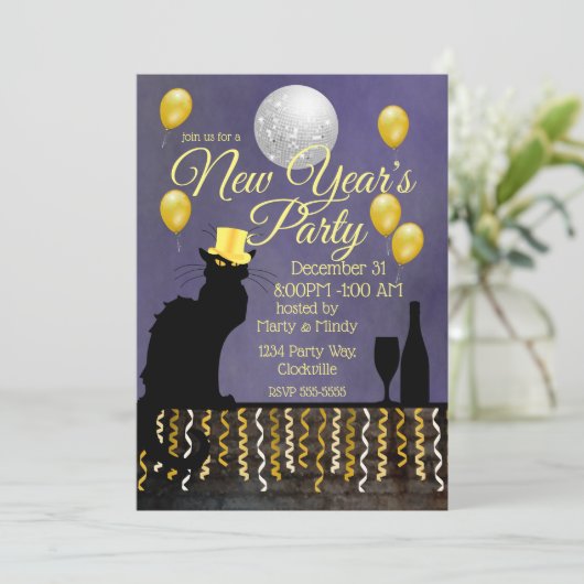 Chat Noir Silvester Einladung (Stehend Vorderseite)