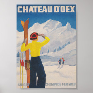 Chateau D'oex Schweiz Vintage-Ski-Reise Poster