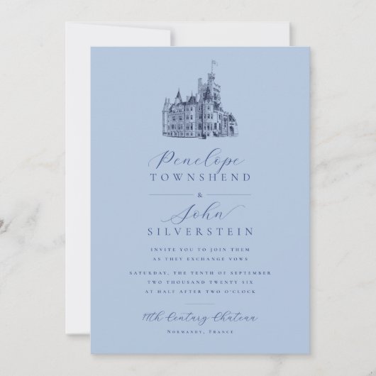 Chateau Illustration Script Französisch Blue Weddi Einladung (Vorderseite)