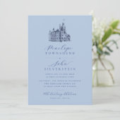 Chateau Illustration Script Französisch Blue Weddi Einladung (Stehend Vorderseite)