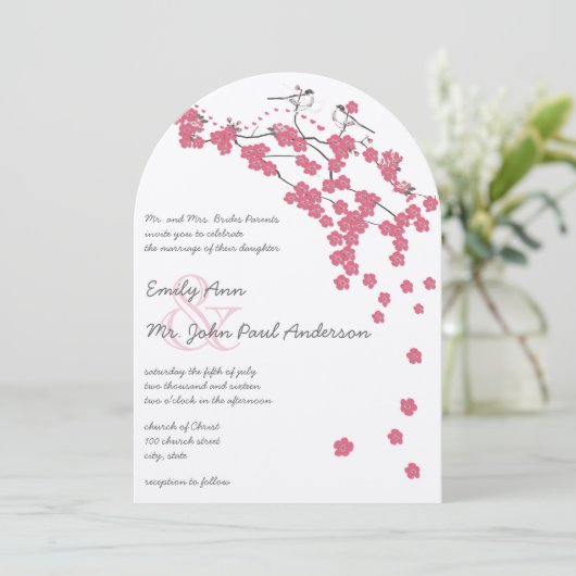 Chateau Rose Cherry Blossom Pink Chickadee Wedding Einladung (Stehend Vorderseite)