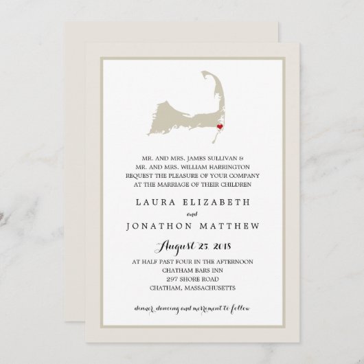 Chatham Cape Cod Map mit Herz | Hochzeit Einladung (Vorne/Hinten)
