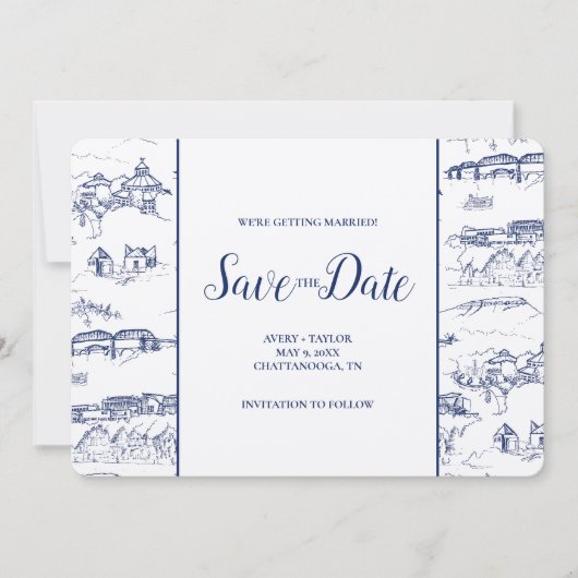 Chattanooga Toile Navy und White Save the Date (Vorderseite)