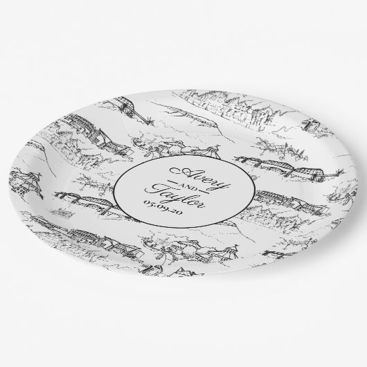 Chattanooga Toile Schwarz-Weiß-Brautparty Pappteller (Schrägansicht)