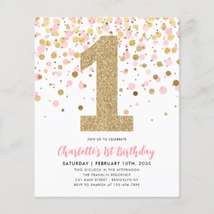 Cheap Blush Pink Gold Confetti Girl 1. Geburtstag Flyer