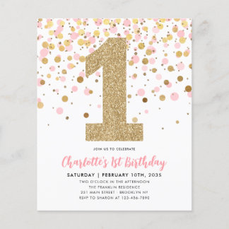 Cheap Blush Pink Gold Confetti Girl 1. Geburtstag Flyer