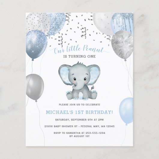 Cheap Boy Elephant Balloons 1. Geburtstag Flyer (Vorne)
