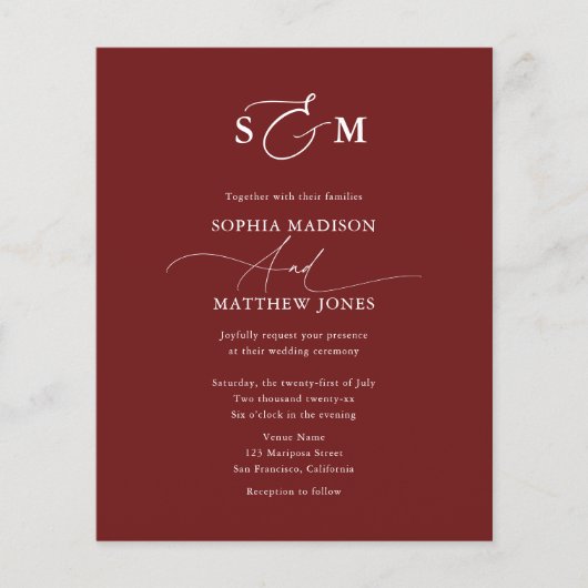 Cheap Elegant Monogram Wedding QR Code Burgundy Flyer (Vorne)