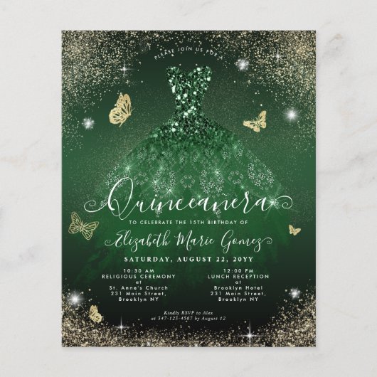 Cheap Emerald Green Gold Gown Quinceanera Card Flyer (Vorne)