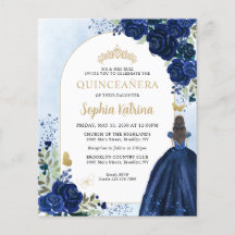 Cheap Floral Navy Blue Gold Princess Quinceanera