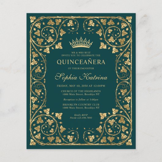 Cheap Glam Emerald Green Gold Tiara Quinceanera Flyer (Vorne)