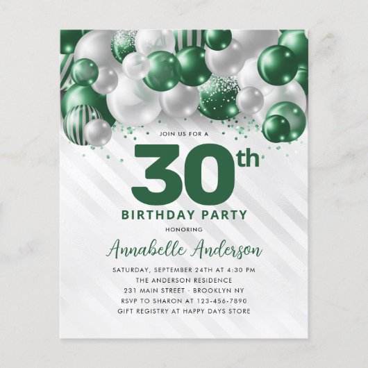 Cheap Glam Green Silver Ballon Glitzer Geburtstag Flyer (Vorne)