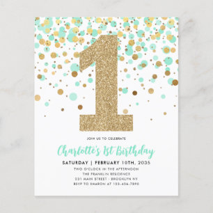 Cheap Mint Green Gold Confetti Girl 1. Geburtstag Flyer