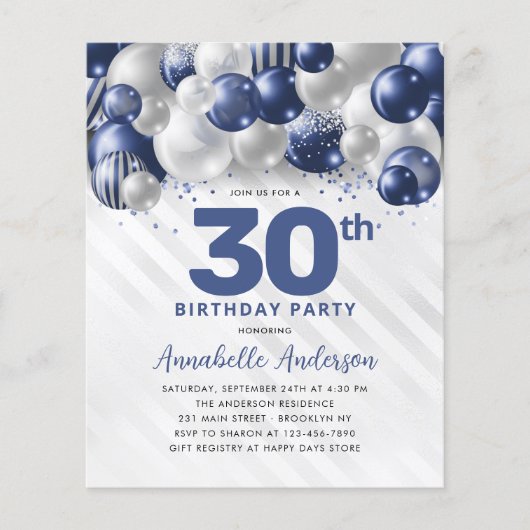 Cheap Navy Blue Silver Ballon Glitzer Geburtstag Flyer (Vorne)