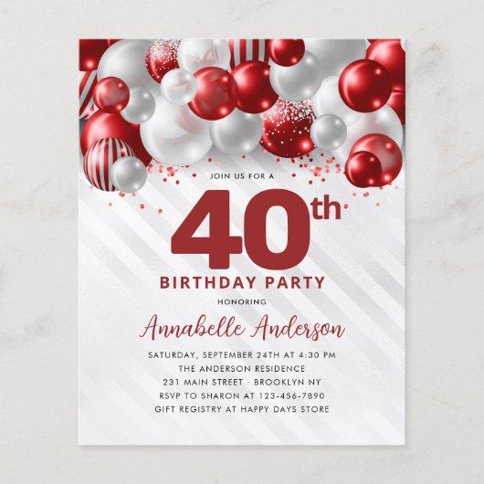 Cheap Red Silver Balloon Glitzer 40. Geburtstag Flyer (Vorne)