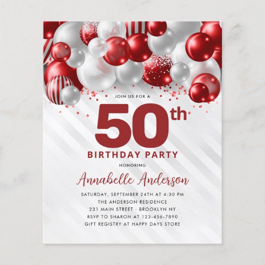 Cheap Red Silver Balloon Glitzer 50. Geburtstag Flyer (Vorne)