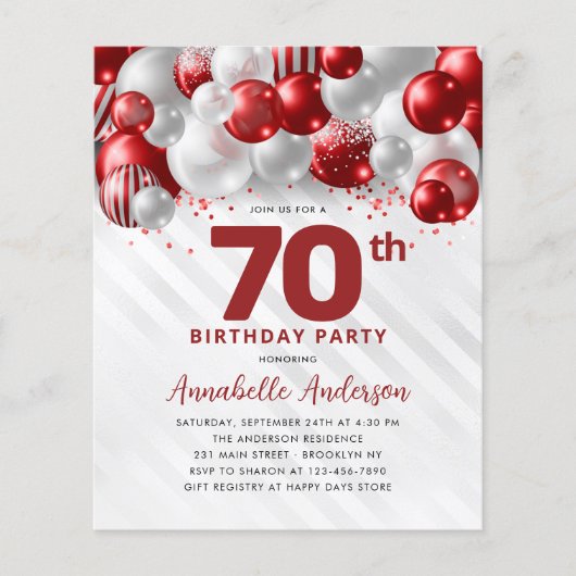 Cheap Red Silver Balloon Glitzer 70. Geburtstag Flyer (Vorne)