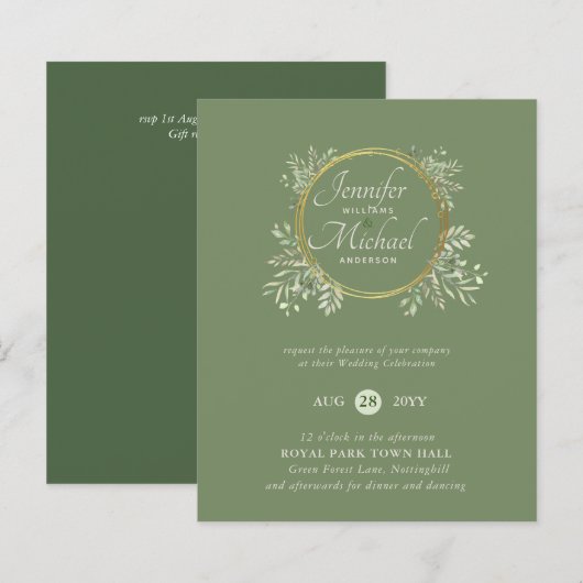 CHEAPEST Wedding Invitation Green Wreath BUDGET (Vorne/Hinten)