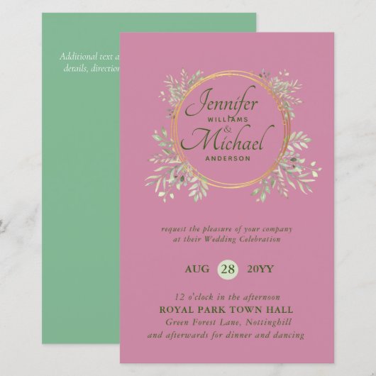 CHEAPEST Wedding Invitation Green Wreath BUDGET (Vorne/Hinten)