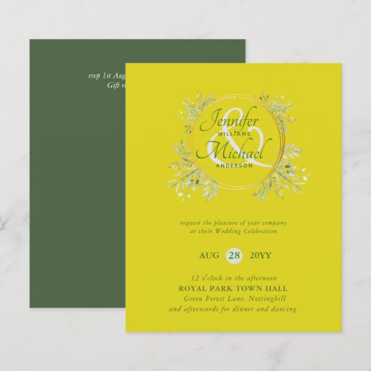 CHEAPEST Wedding Invitation Green Wreath BUDGET (Vorne/Hinten)