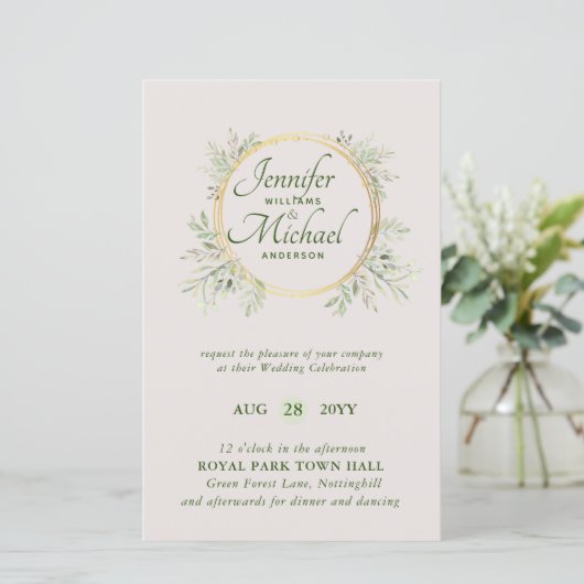 CHEAPEST Wedding Invitation Green Wreath BUDGET (Stehend Vorderseite)