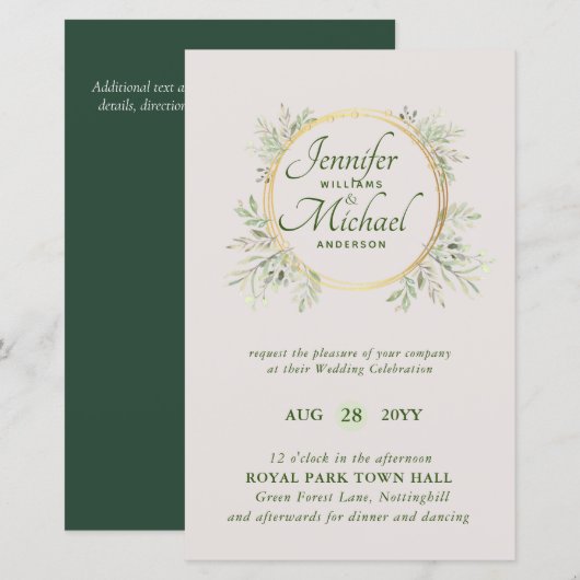 CHEAPEST Wedding Invitation Green Wreath BUDGET (Vorne/Hinten)